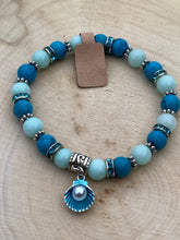 Load image into Gallery viewer, LIFE’S A BEACH ~ Teal/Turquoise/seashell charm stretch bracelet
