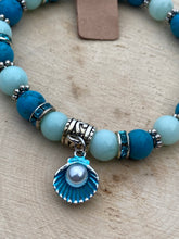 Load image into Gallery viewer, LIFE’S A BEACH ~ Teal/Turquoise/seashell charm stretch bracelet
