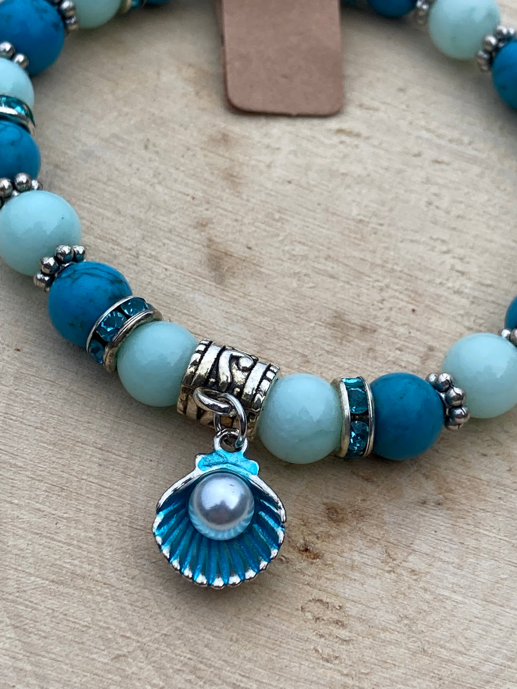 LIFE’S A BEACH ~ Teal/Turquoise/seashell charm stretch bracelet